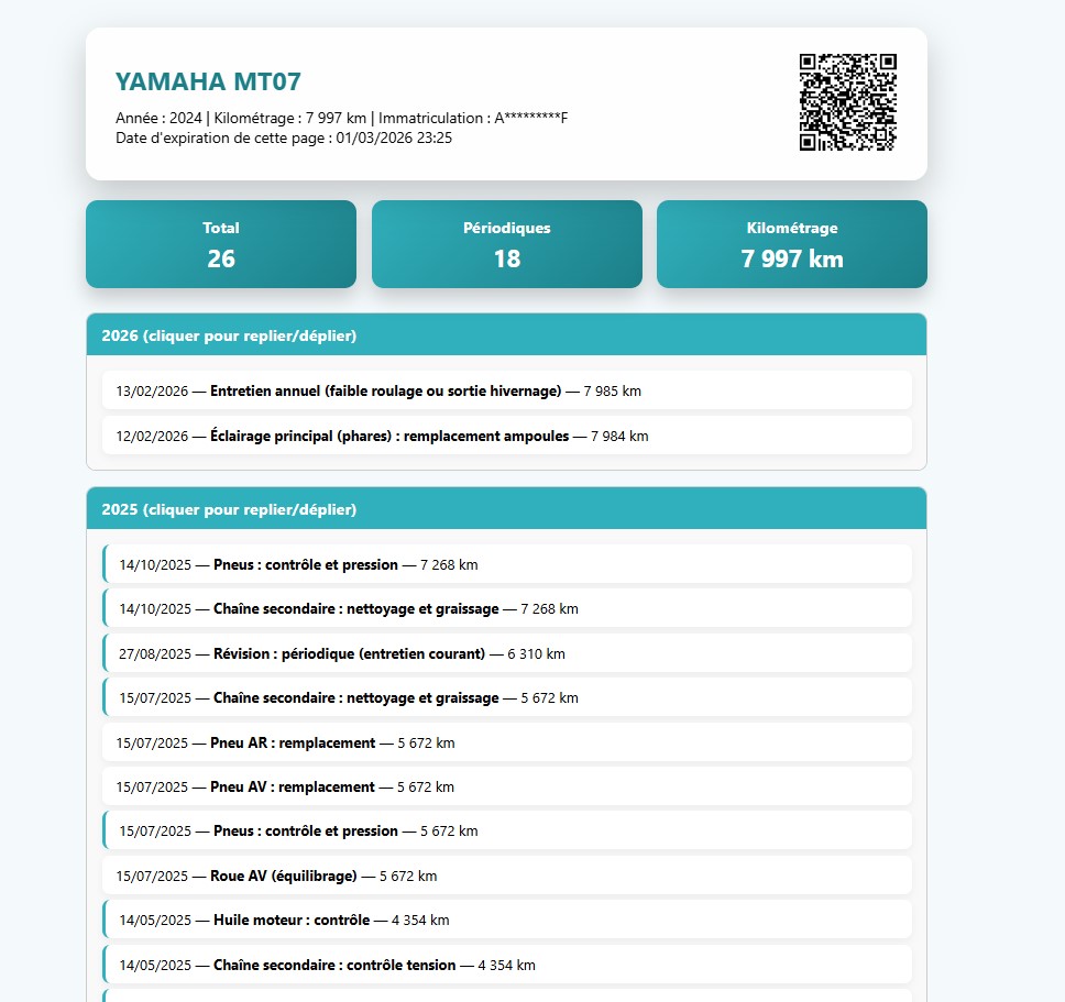 Partage carnet entretien moto QR code